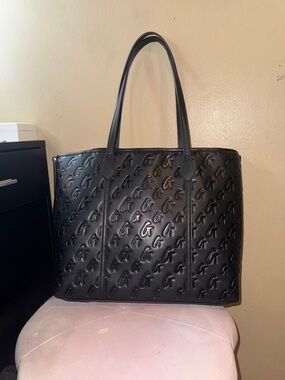 Black Embossed Leather Tote with All-Over Pattern